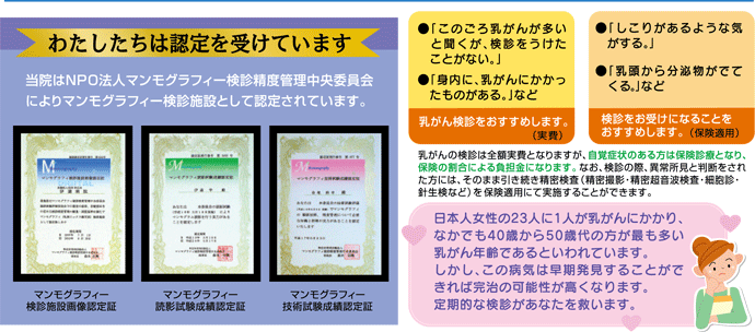 わたしたちは認定を受けてます。当院はNPO法人マンモグラフィ-検査精度管理中央委員会によりマンモグラフィー検査施設として認定されています。